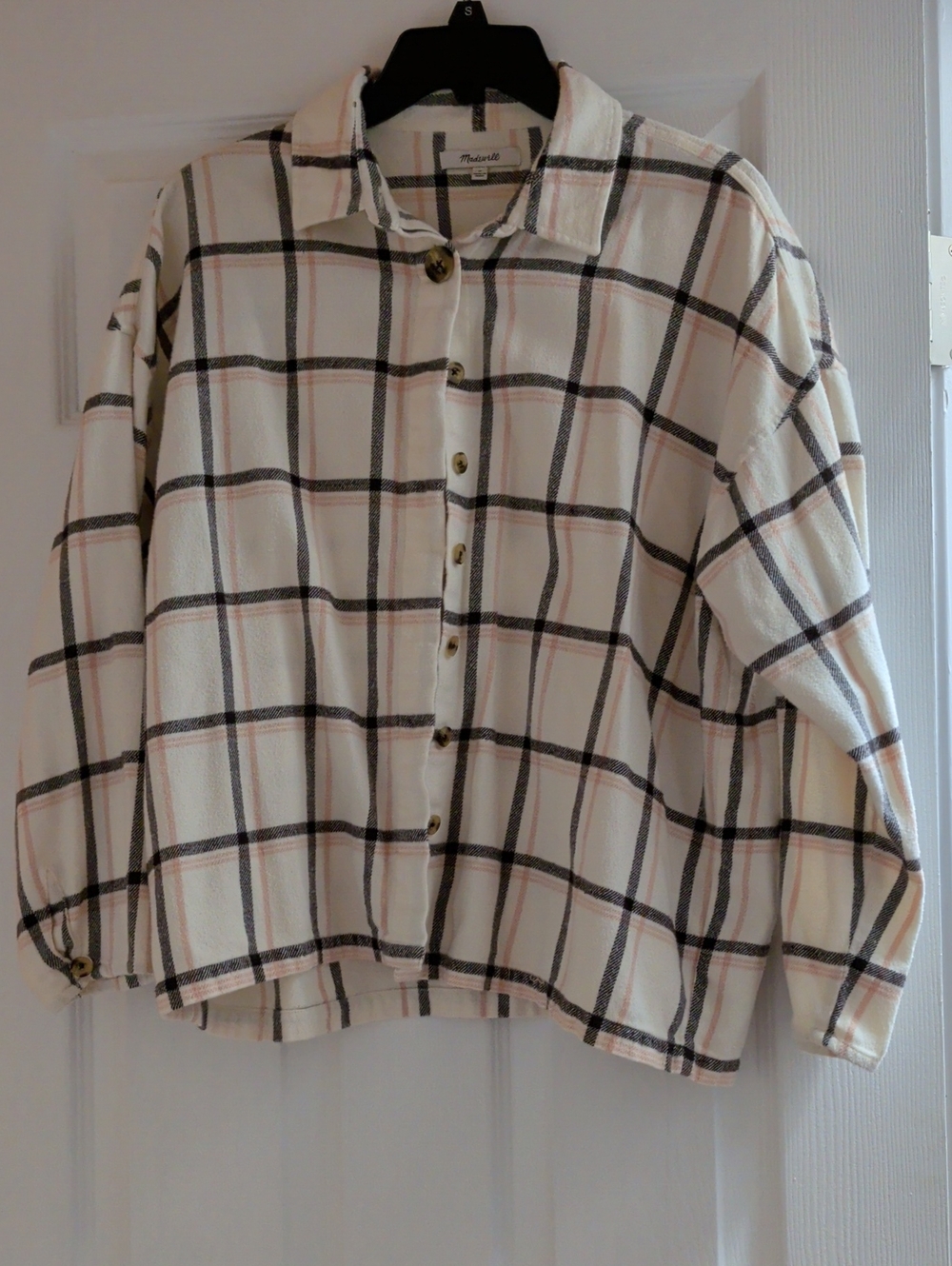 Madewell Flannel Cream Plaid Shirt Jacket with Black and Blush Stripes - Picture 1 of 6